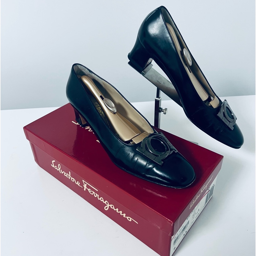 Salvatore Ferragamo Black Leather Mid Heel Pumps with Round Buckle